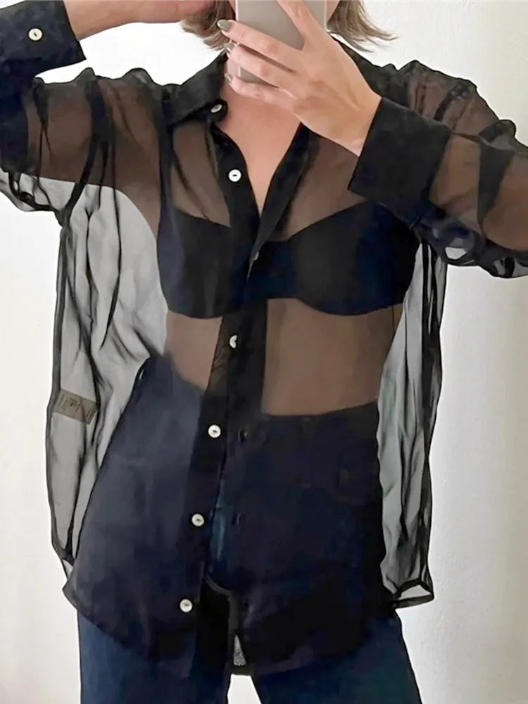 Women’s Mesh Long Sleeve Button-Down Top