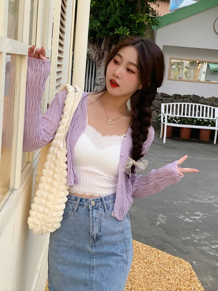 Women’s Lace Mesh Ribbed Crop Cardigan