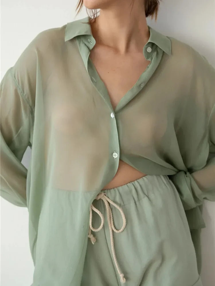 Women’s Mesh Long Sleeve Button-Down Top