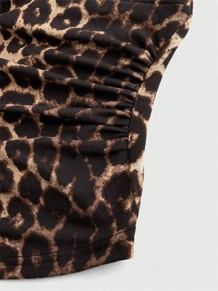 Leopard Print V-Neck Backless Halter Crop Top