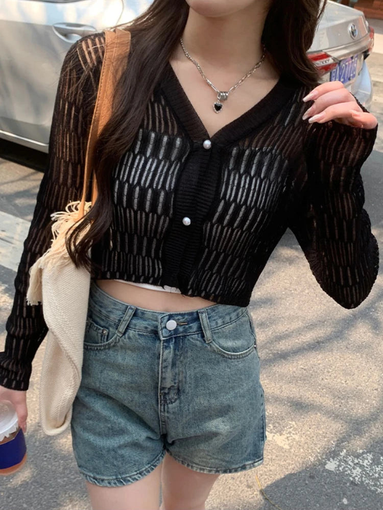 Women’s Lace Mesh Ribbed Crop Cardigan