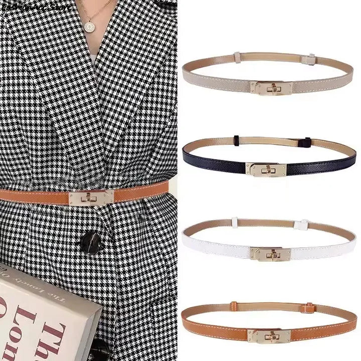 Women's PU Leather Thin Belt with Metal Buckle