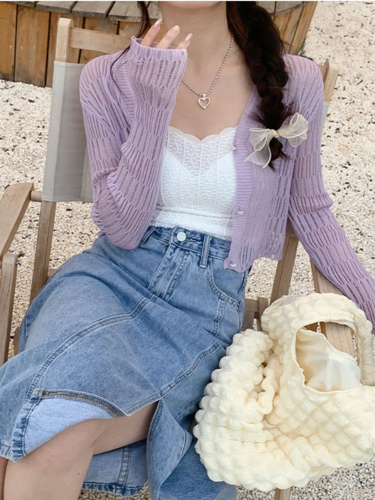 Women’s Lace Mesh Ribbed Crop Cardigan