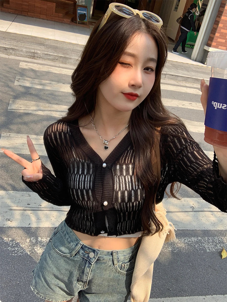 Women’s Lace Mesh Ribbed Crop Cardigan