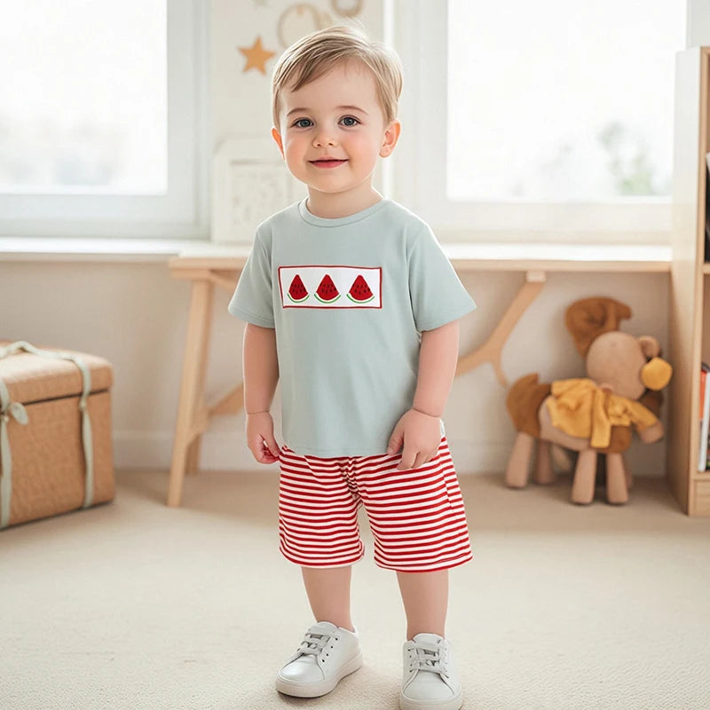 Boys Summer 2-Piece Pineapple Embroidered Outfit