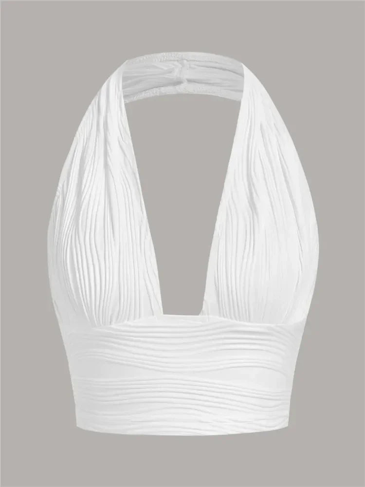 White Backless Crop Halter Top