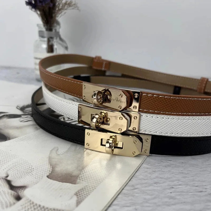 Women's PU Leather Thin Belt with Metal Buckle