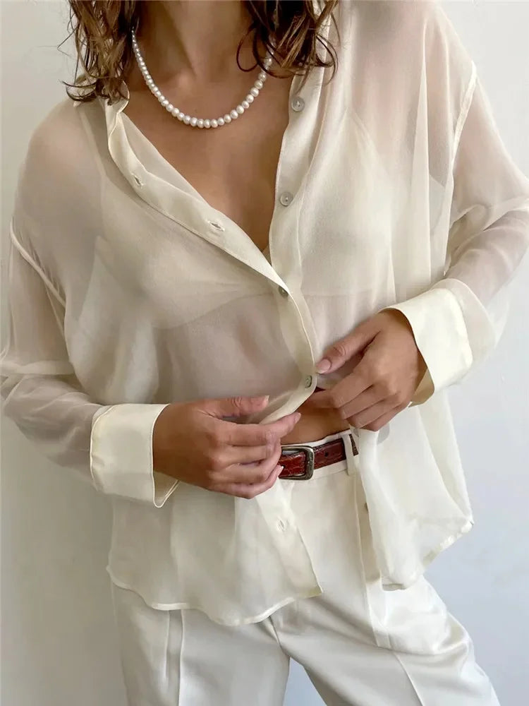 Women’s Mesh Long Sleeve Button-Down Top