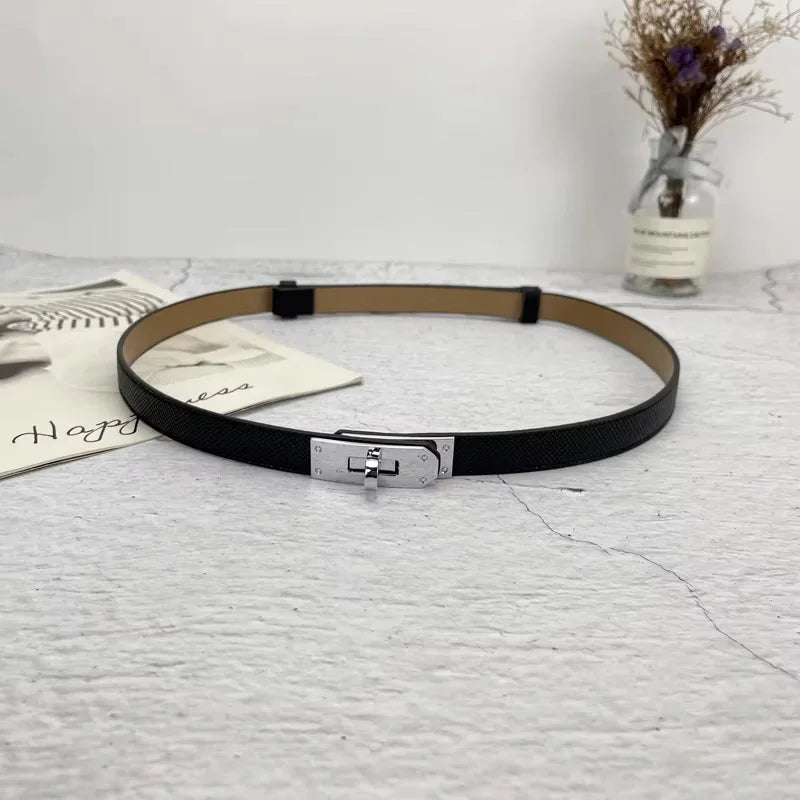 Women's PU Leather Thin Belt with Metal Buckle