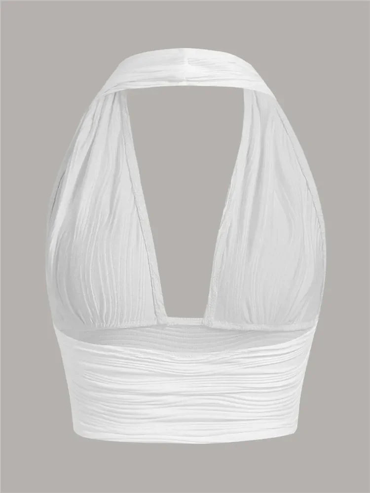 White Backless Crop Halter Top