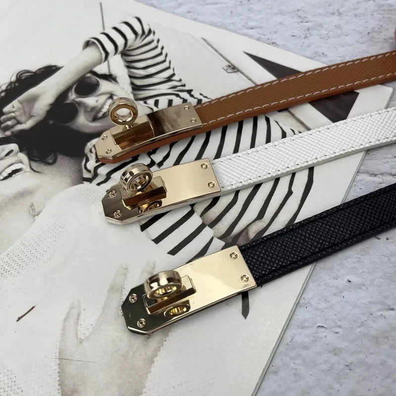 Women's PU Leather Thin Belt with Metal Buckle