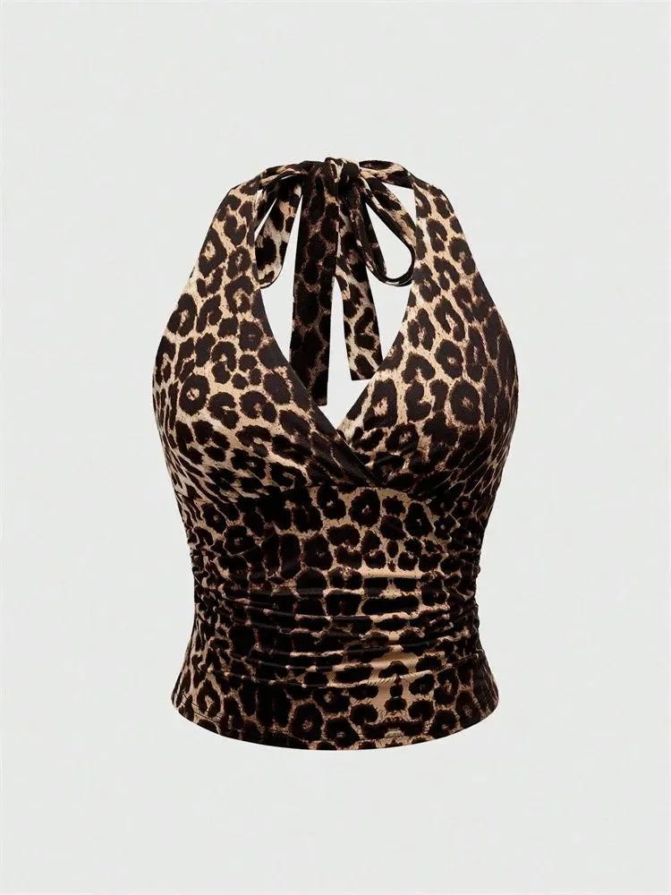 Leopard Print V-Neck Backless Halter Crop Top
