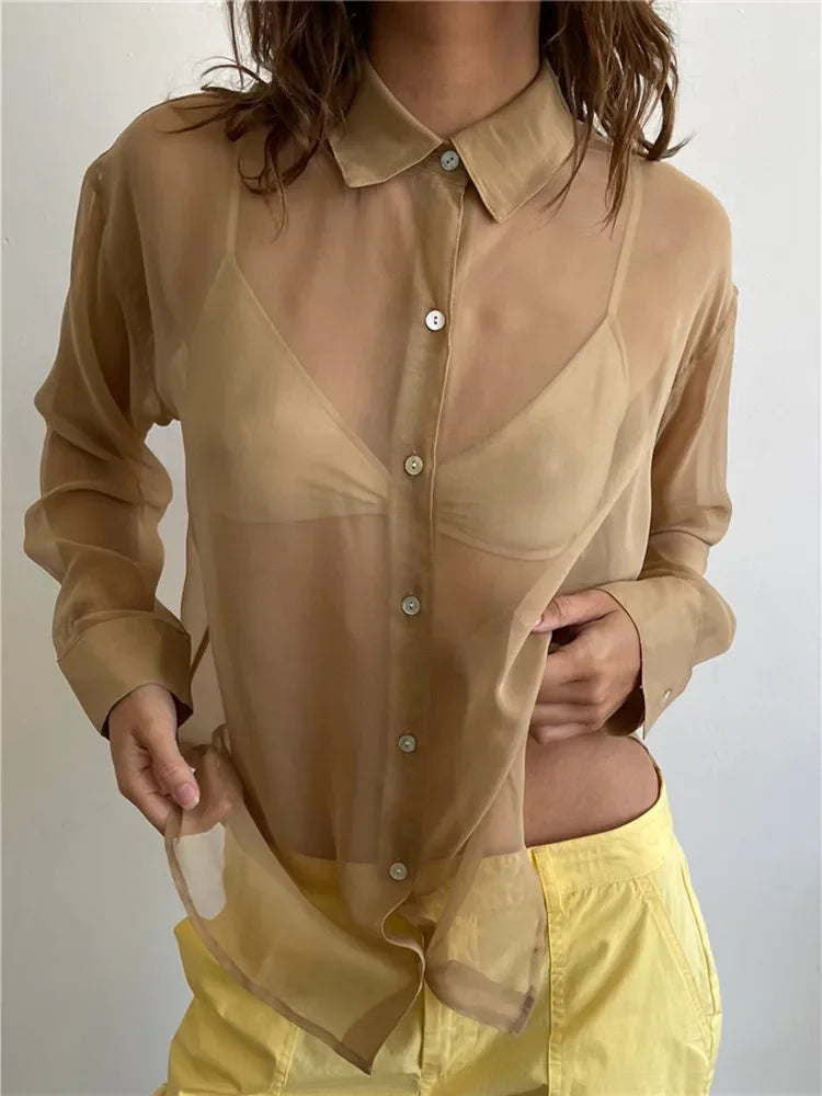 Women’s Mesh Long Sleeve Button-Down Top