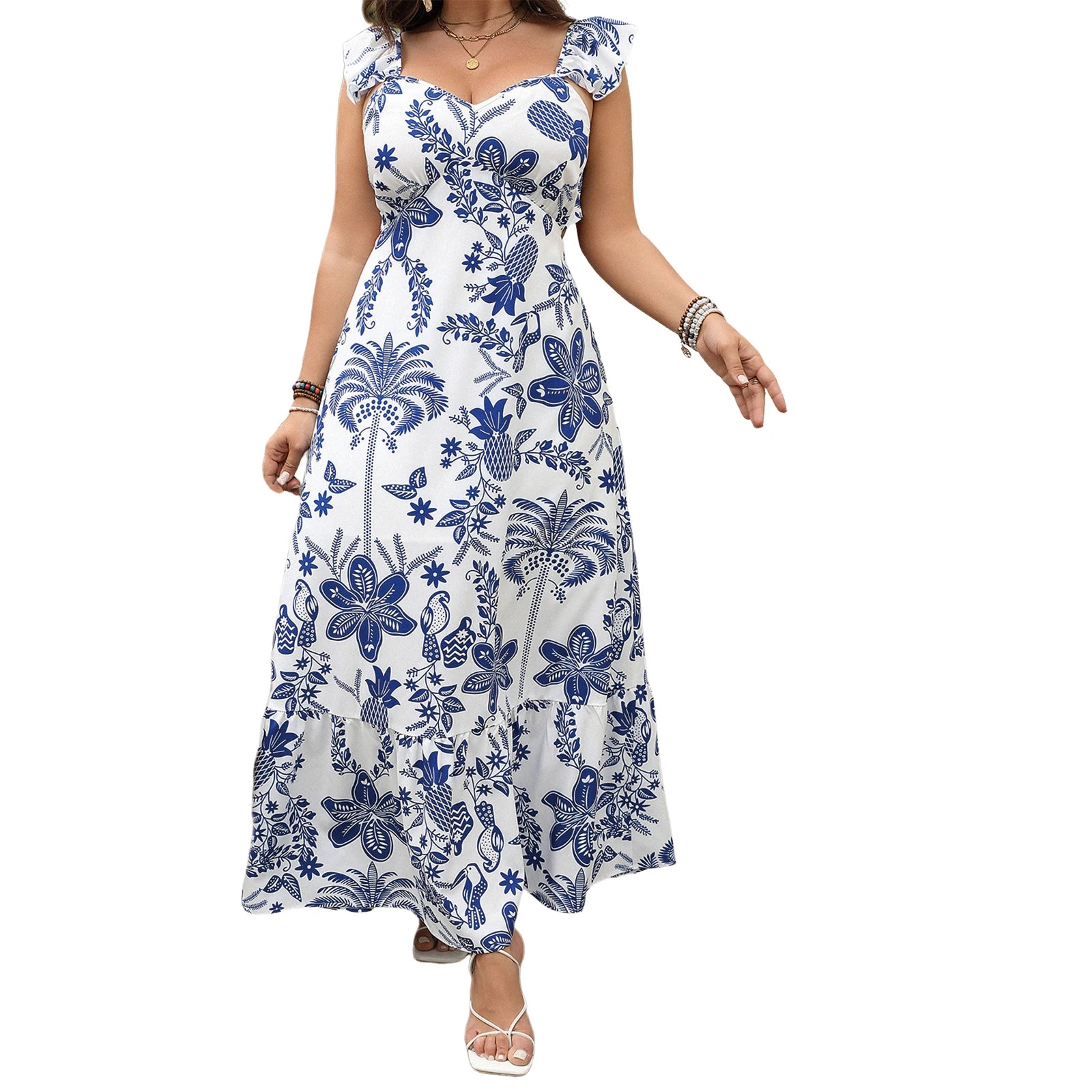 Plus Size Floral V-Neck Backless Dress