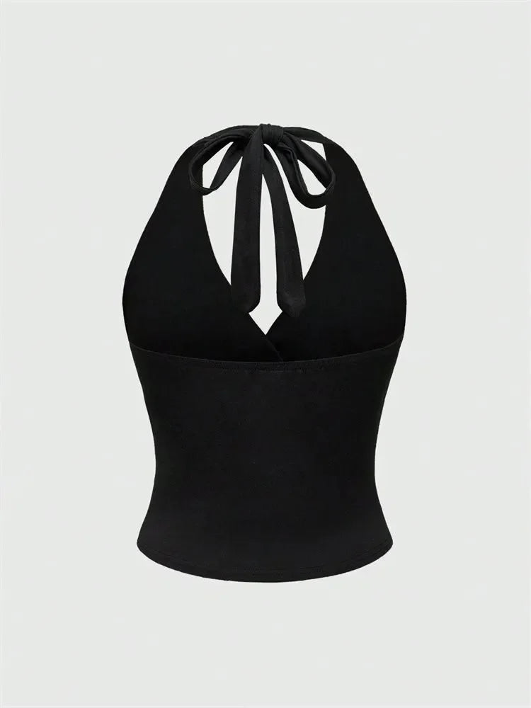 Leopard Print V-Neck Backless Halter Crop Top