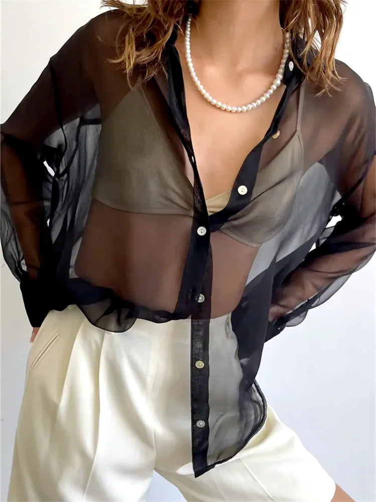 Women’s Mesh Long Sleeve Button-Down Top